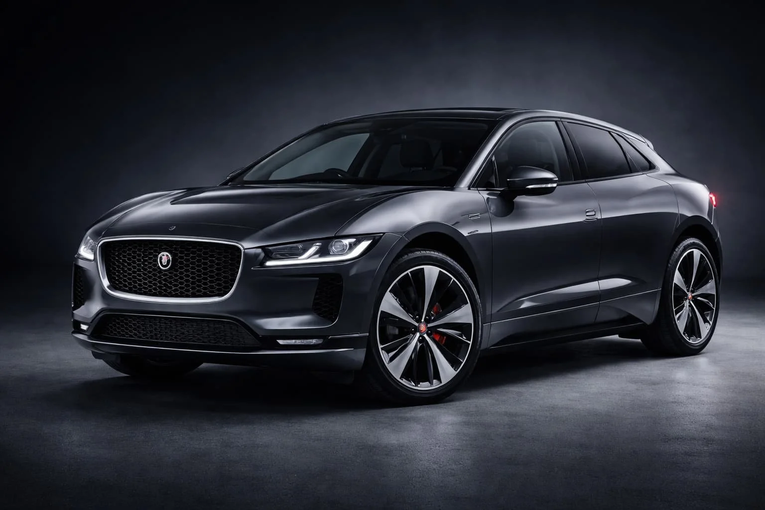 A sleek black luxury Jaguar sedan with distinctive alloy wheels, set against a dark background.