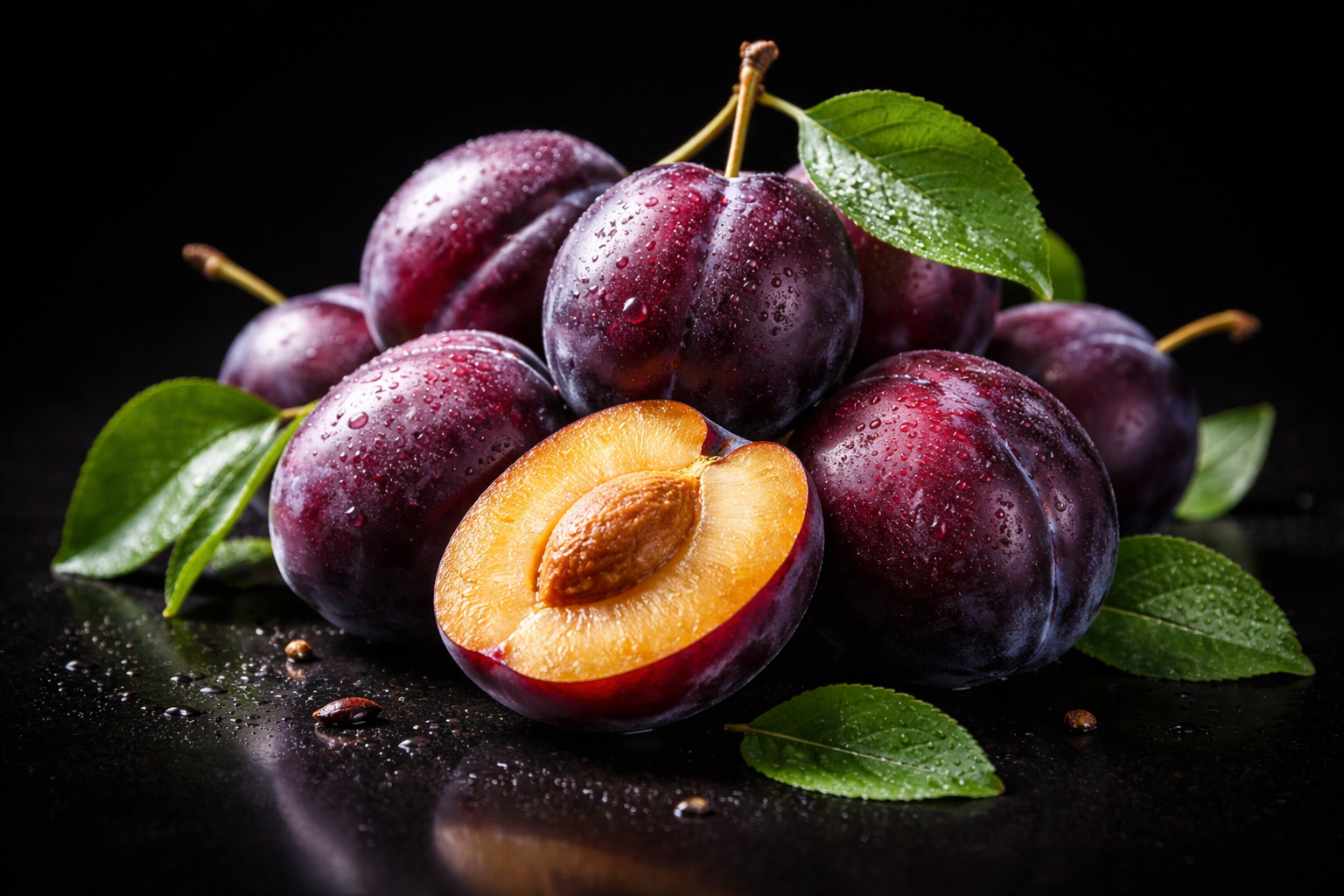 A group of fresh, dark purple plums with water droplets on their skin, some with green leaves, and one cut in half revealing the orange flesh and seed inside, on a dark background.