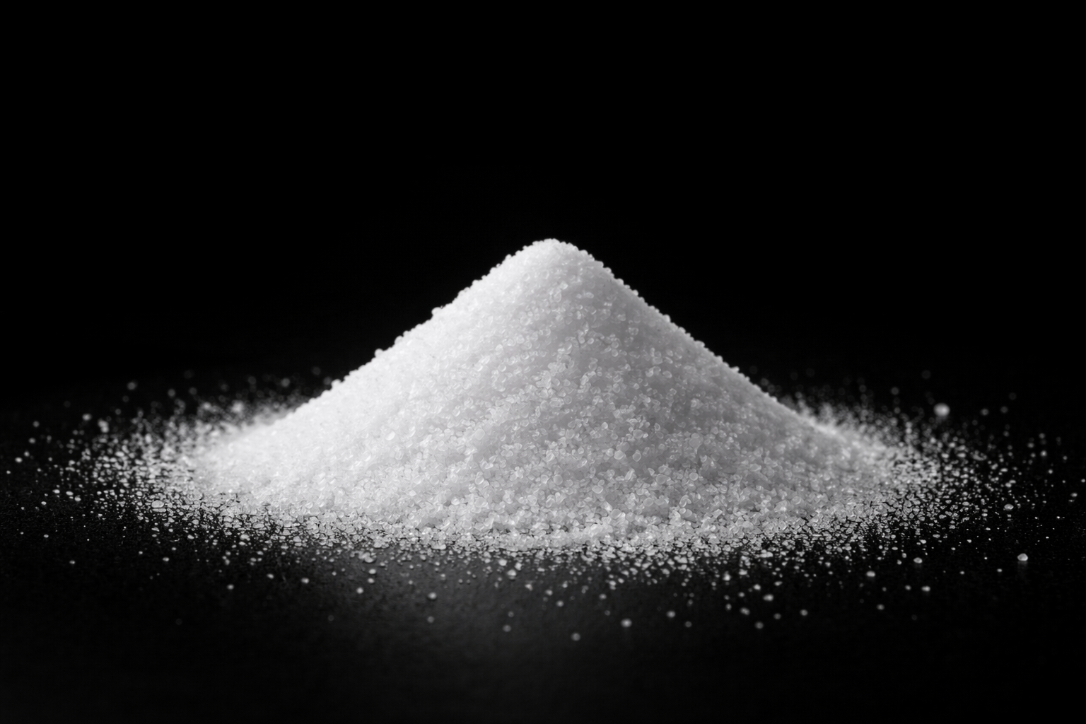 Black and white photo of a small mound of granulated salt on a black background, with some salt scattered around.