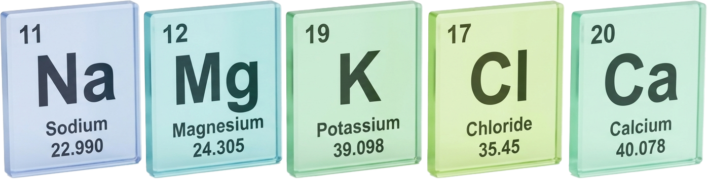 Colorful periodic table elements, Sodium, Magnesium, Potassium, Chloride, Calcium, with atomic numbers and atomic weights.