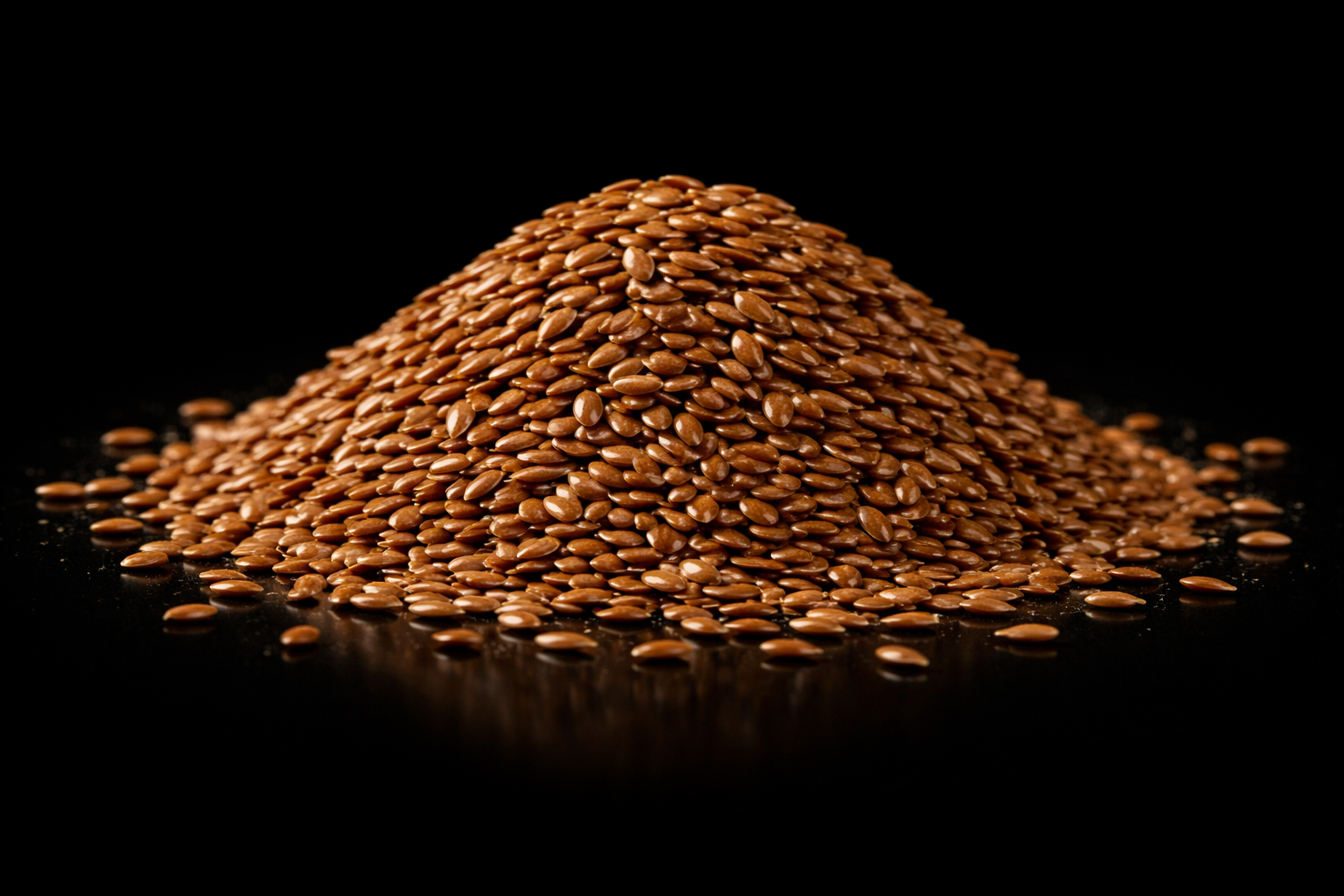 A mound of flax seeds on a black background.