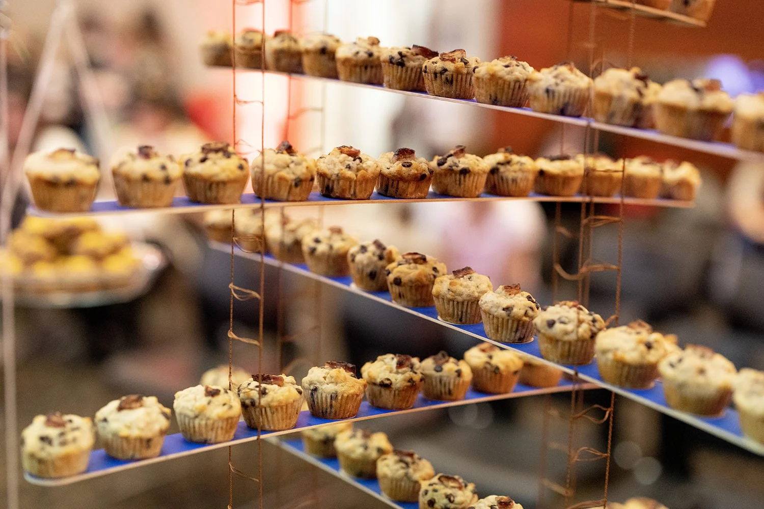 Vitrine avec plusieurs plateaux de muffins aux raisins ou aux pépites de chocolat.