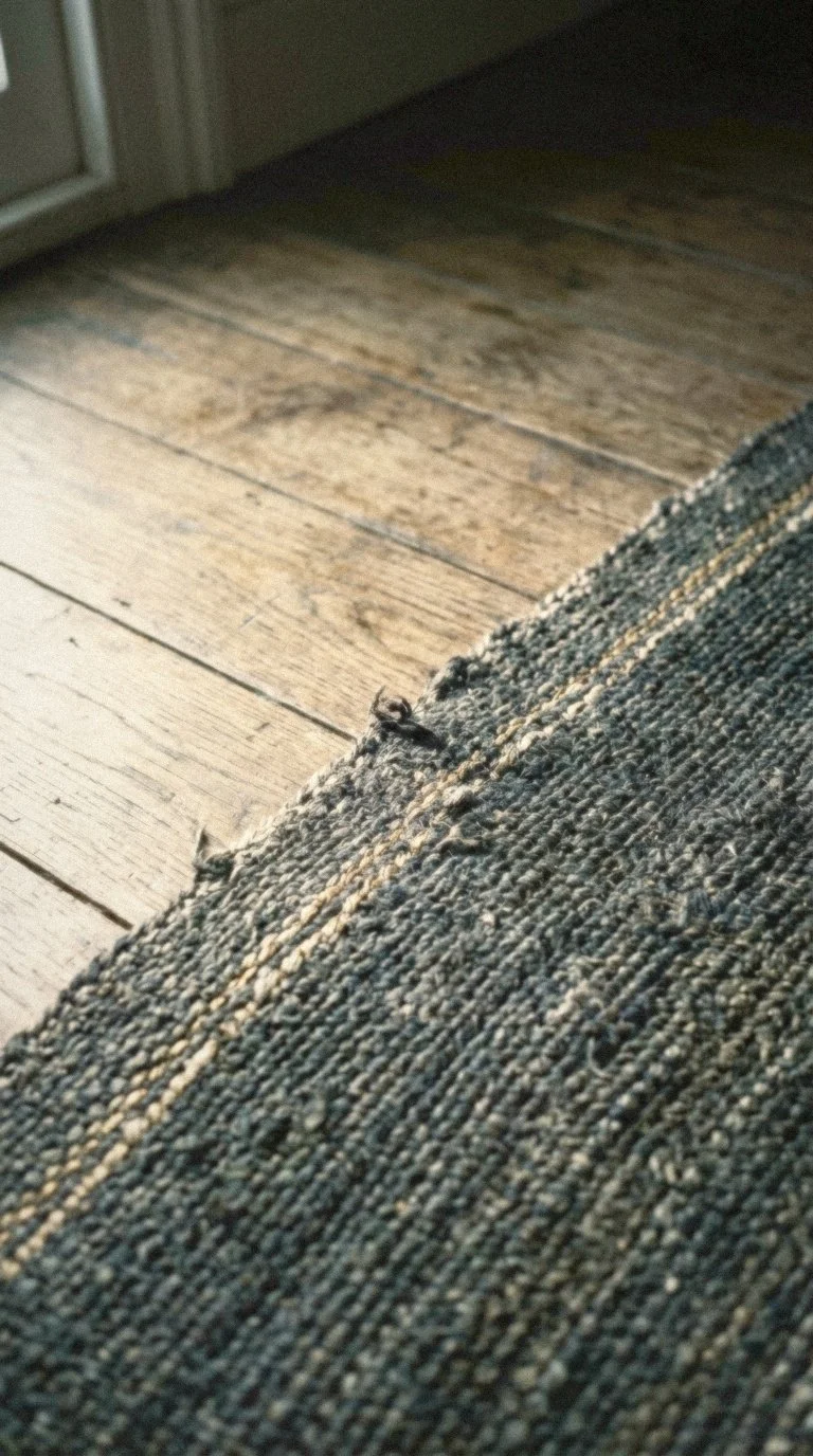 Close-up of a torn fabric rug on a wooden floor near a glass door.