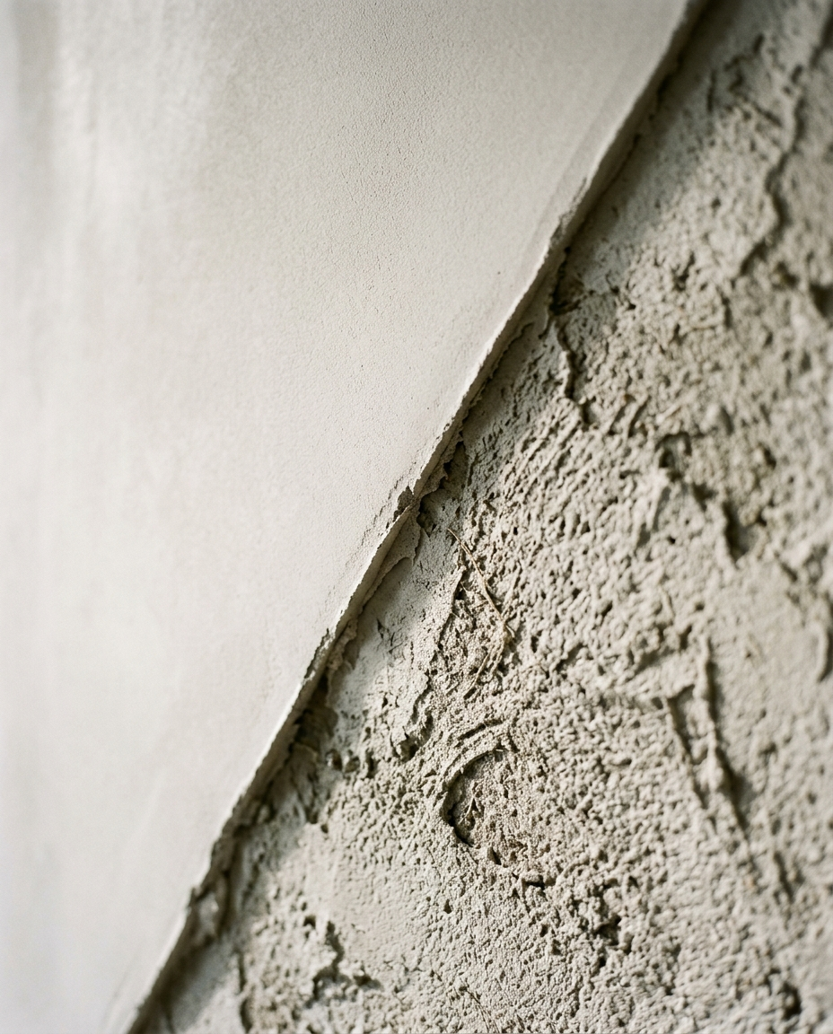 Close-up photo of a wall with drywall on the left and textured stucco on the right, separated by a diagonal seam.