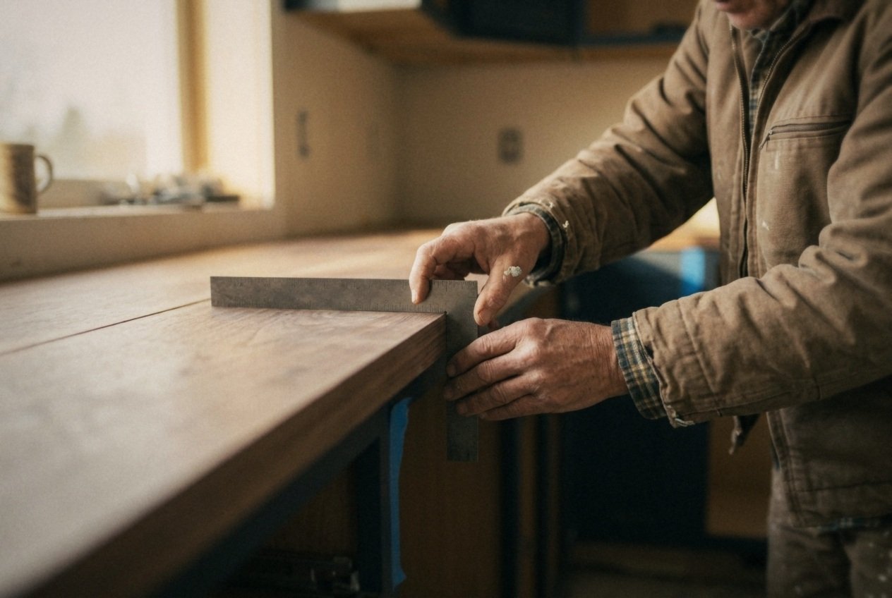 A job site photography of a builder using a square