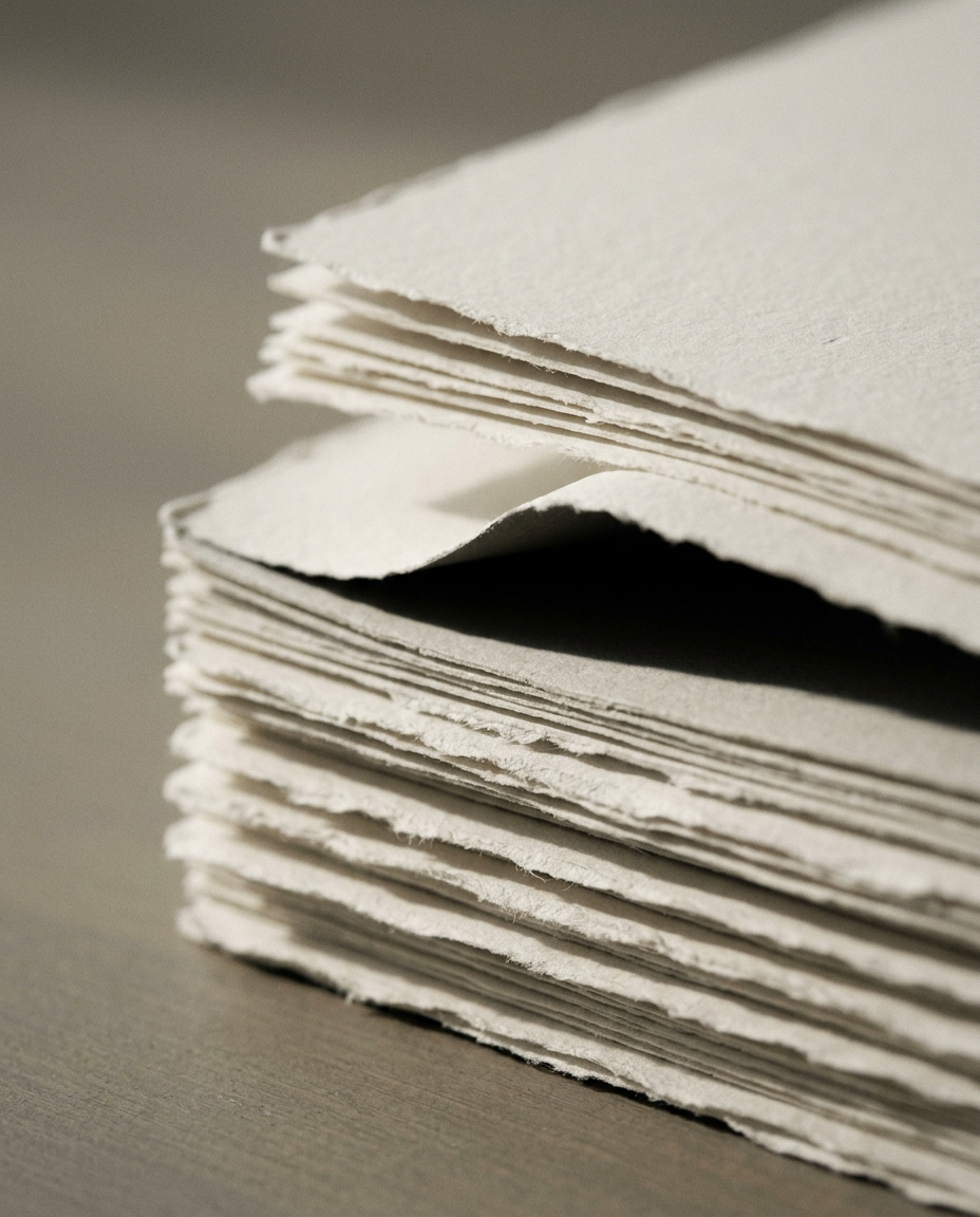 Close-up of a stack of torn, white paper sheets on a neutral surface.