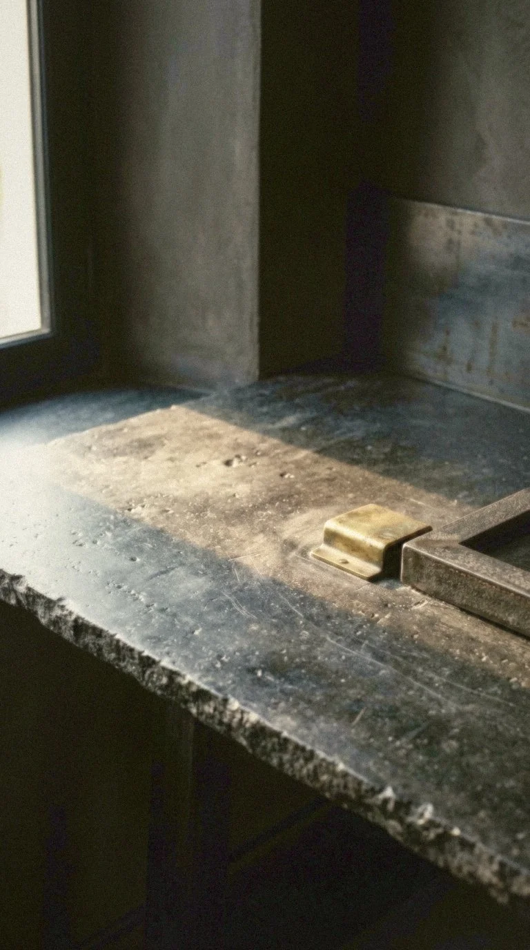 Close-up of a dusty windowsill with a small metallic object and part of a window frame visible.