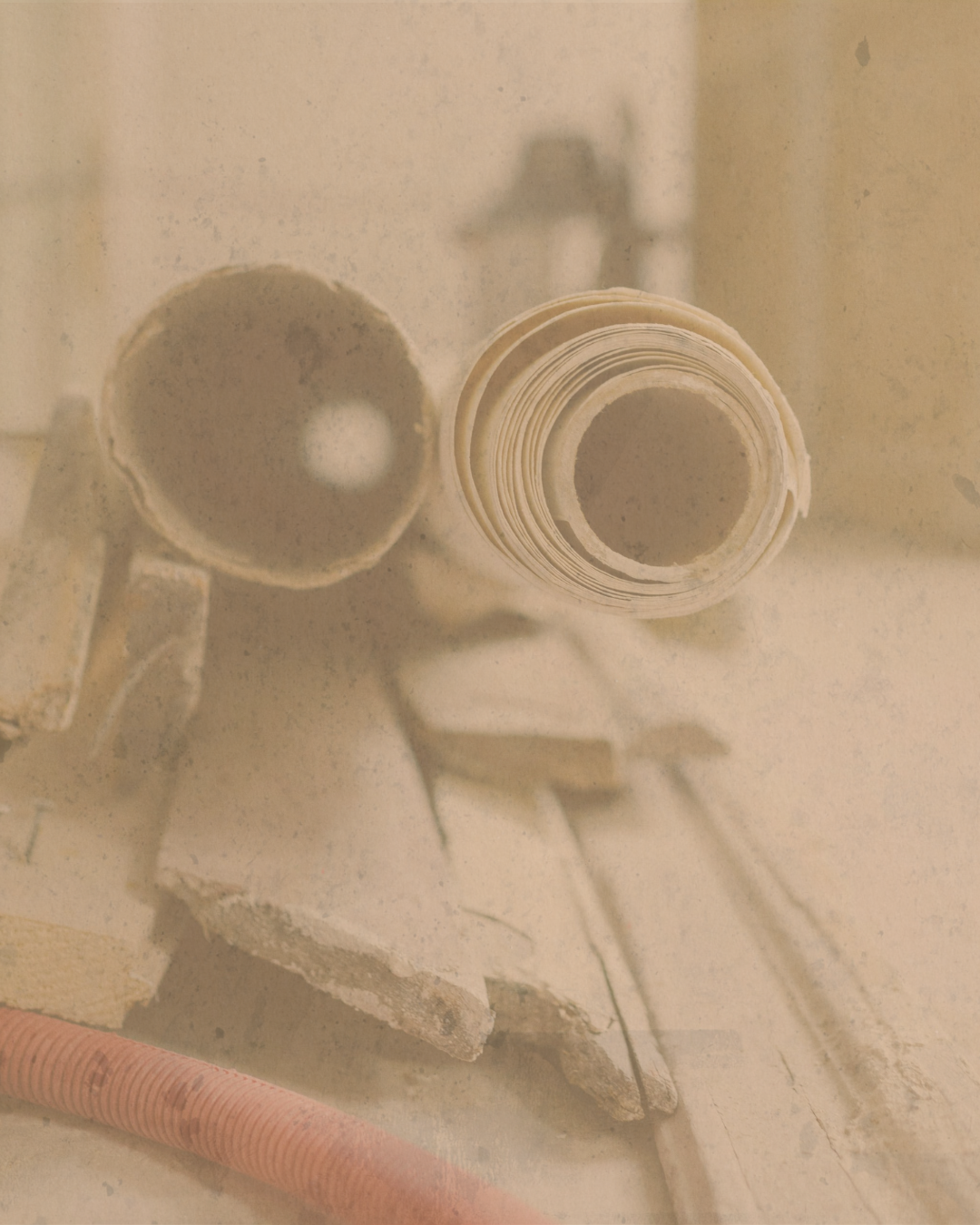 View through a dusty, dirty telescope lens showing two cylindrical tubes, one larger and one smaller, mounted on a tripod or stand, with construction dust and debris around.