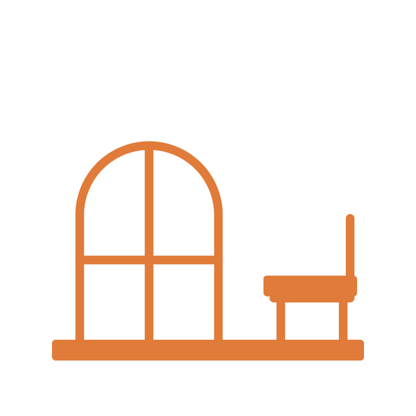 Outline drawing of a window with an arched top and cross bars, and a small table or bench beside it.