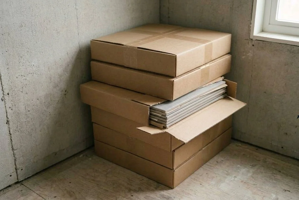 Boxes of tile stacked in the corner of a bathroom before installation.