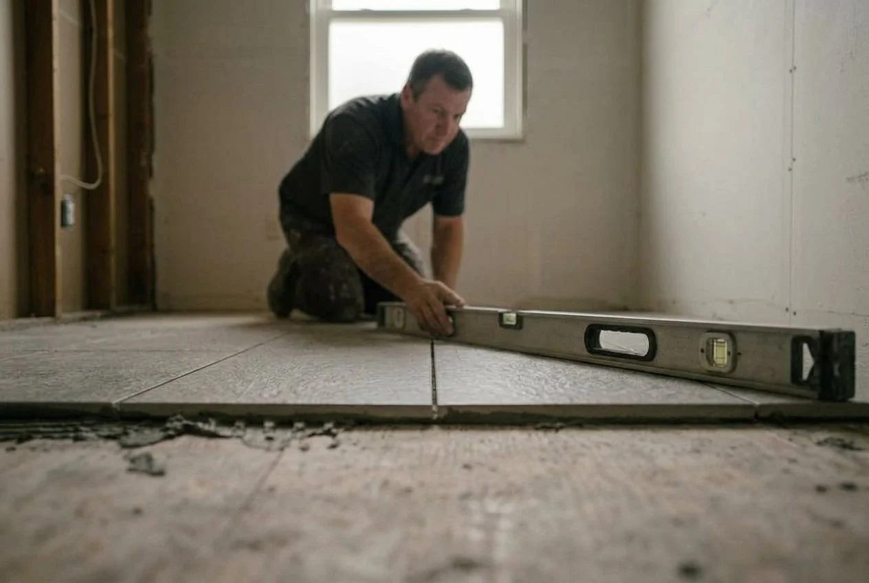 Remodeler checking new bathroom floor tile with a long level.