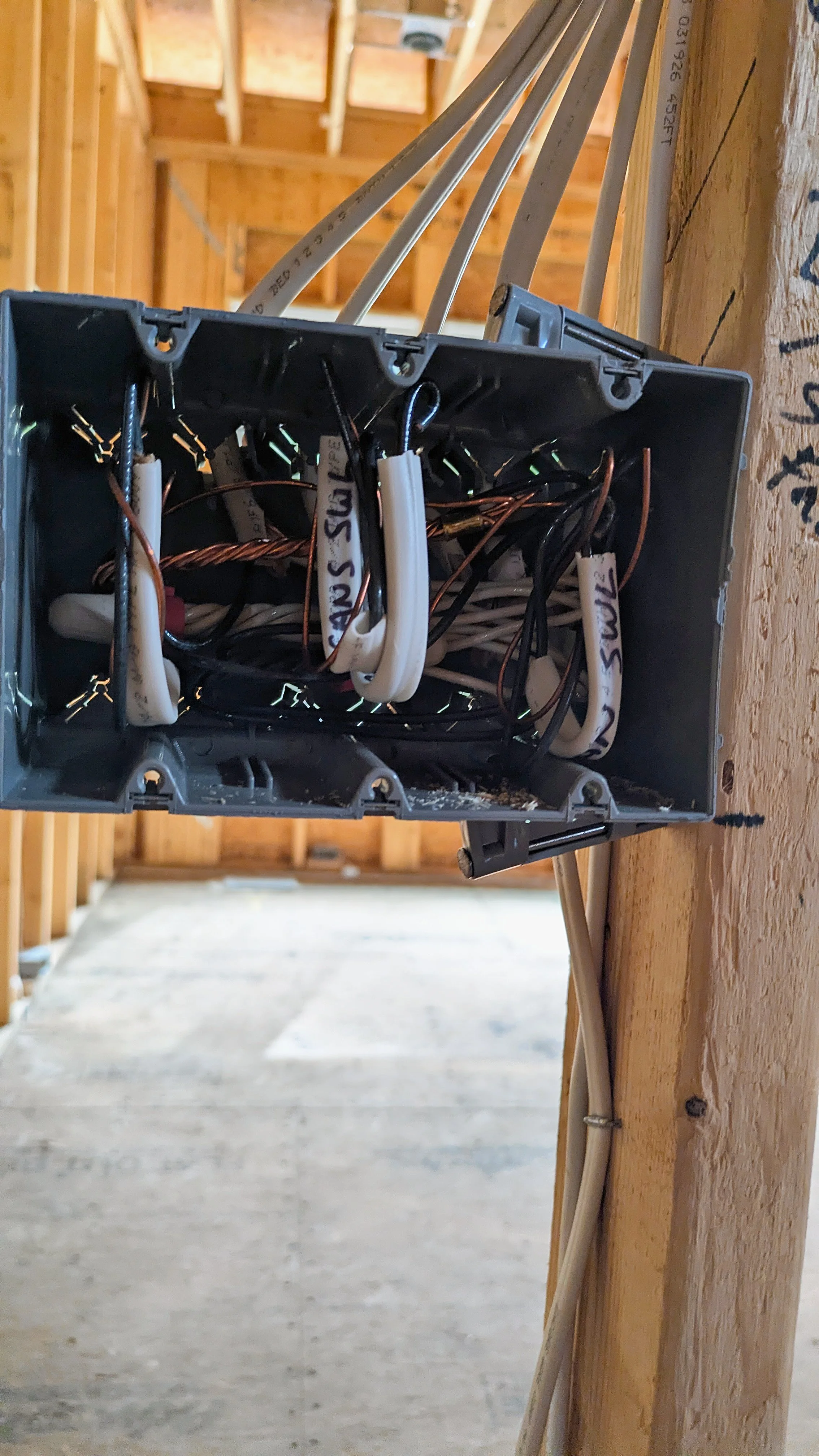 Electrical box with wiring mounted on a stud in a framed house.
