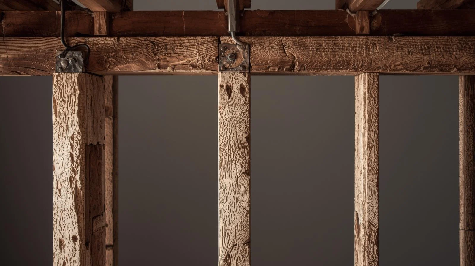 Close-up of a wooden framing of a wall or ceiling, showing studs and beams with some electrical wiring and metal junction boxes attached.