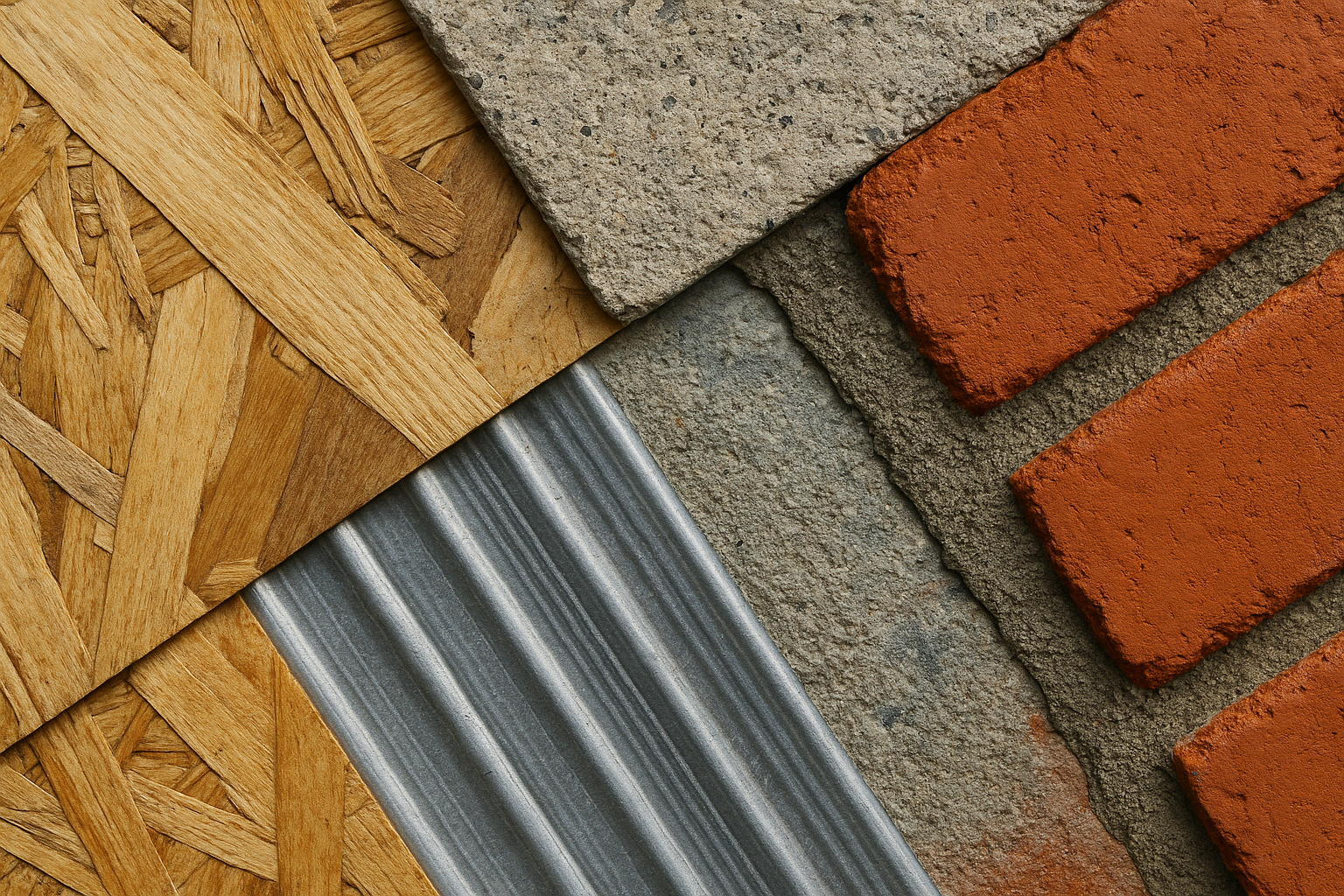 Close-up of various construction materials including wood, textured bricks, metal, and concrete tiles.