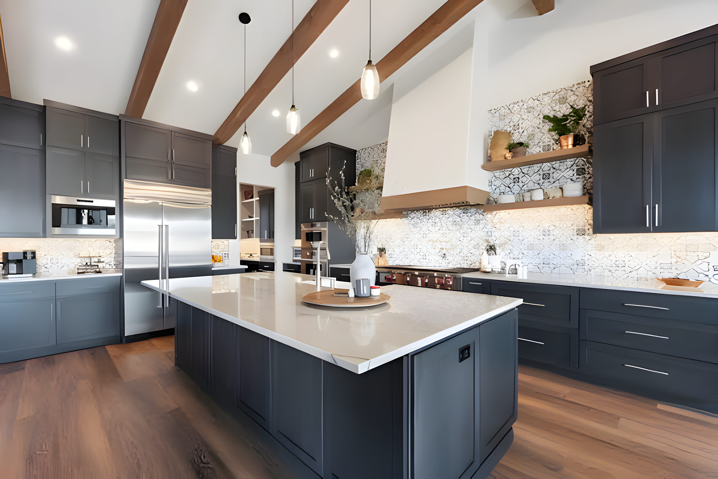 Modern kitchen with a white island, gray cabinets, and black hardware. The ceiling features exposed wood beams and hanging pendant lights. There are white vases and decorative items on the shelves and counter.
