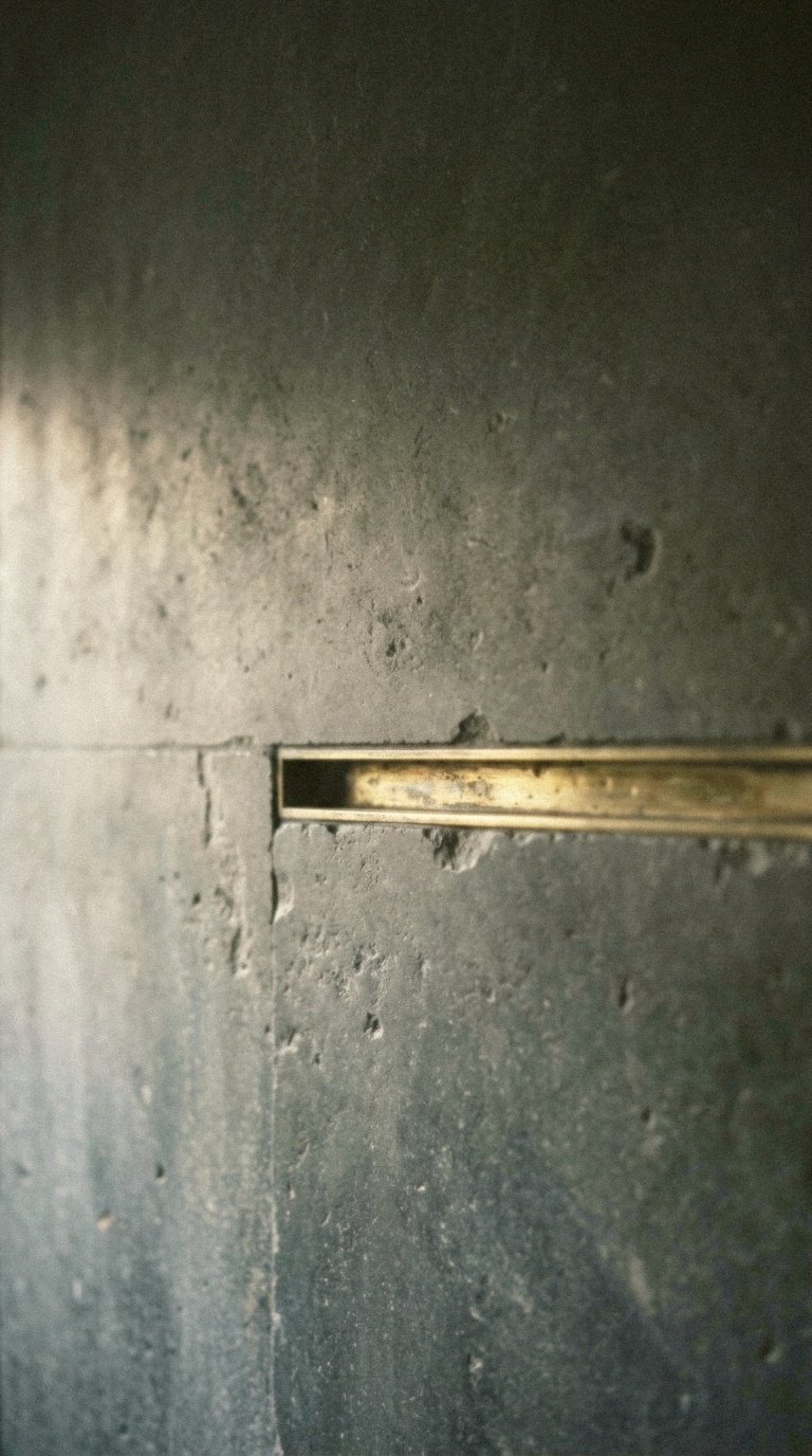 Close-up of a metallic slot in a rough concrete surface, possibly a ventilation or drainage opening.