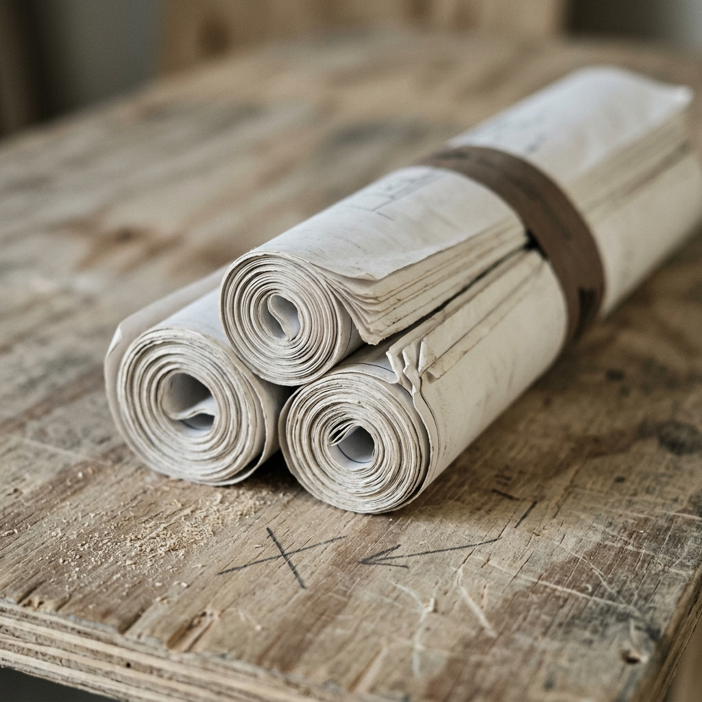 Four rolled-up blueprint papers secured with a rubber band lying on a wooden workbench.