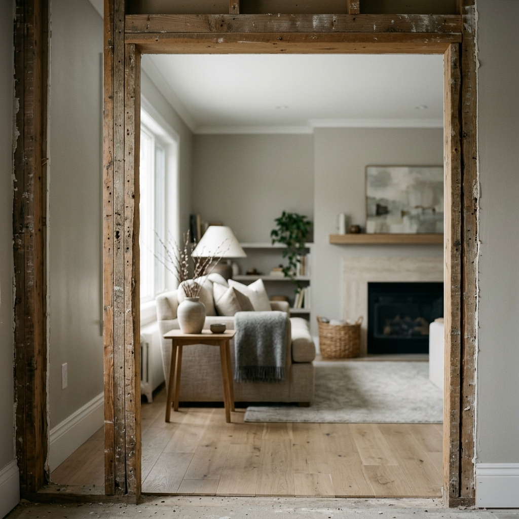 Living room visible through a partly constructed doorway with exposed wooden framing. The room has a beige sofa with pillows and a throw blanket, a side table with a vase, a fireplace with a mantle, bookshelf, and window with blinds.