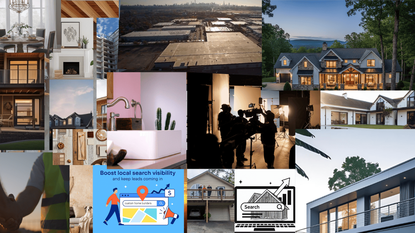 Collage of images related to building and housing: interiors of living rooms and kitchens, exterior views of houses, construction sites, a home studio with filming equipment, and illustrations promoting local search visibility for home builders.