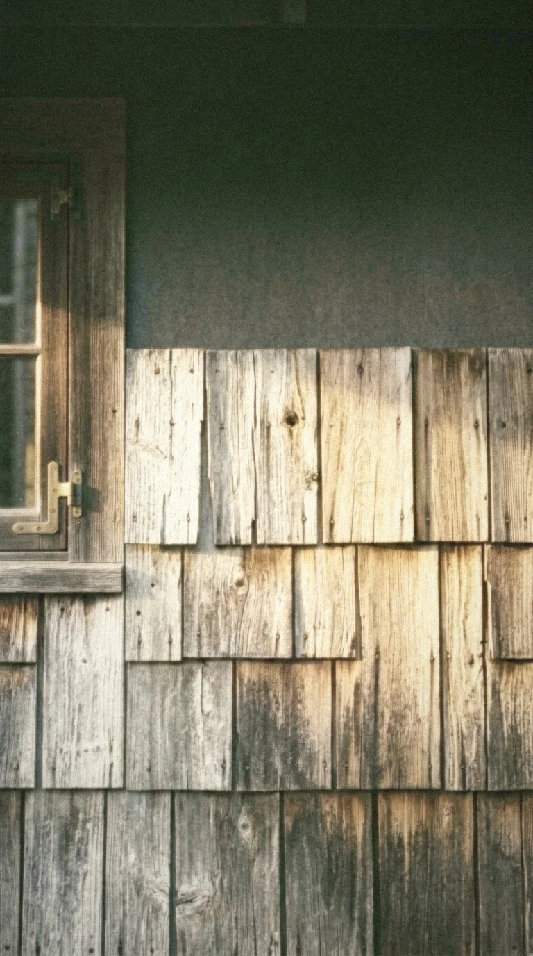 Close-up of a wooden exterior wall and window with weathered wood siding and green wall above.