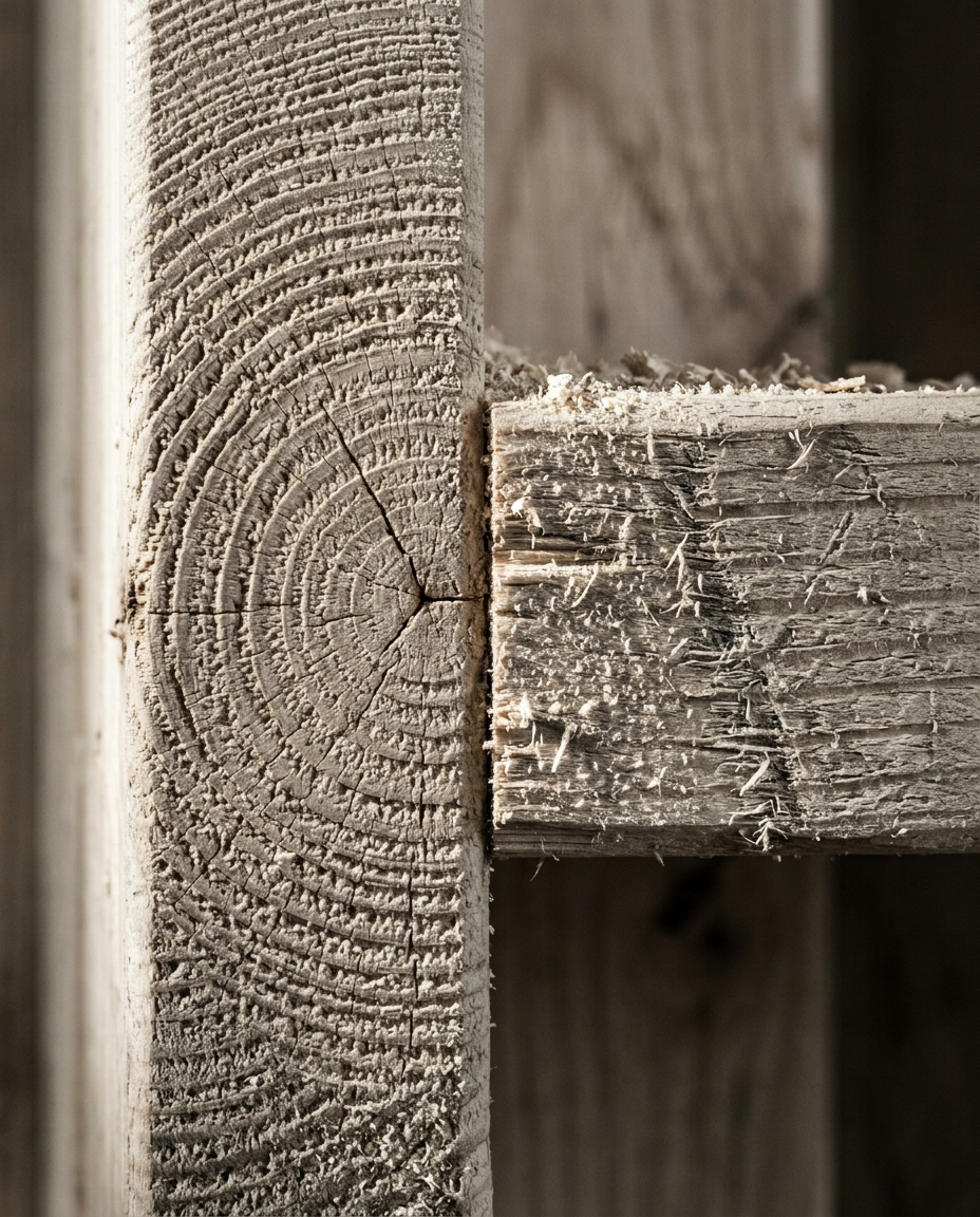 Close-up of intersecting wooden beams with visible grain, cracks, and rough texture.
