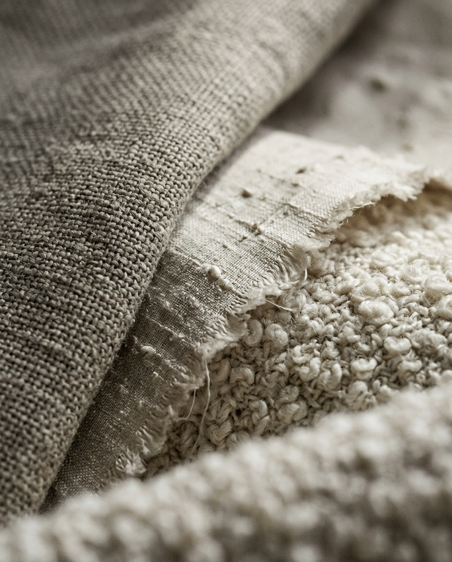 Close-up of layered beige textiles with different woven textures and frayed edges, resting on a textured cream-colored surface.