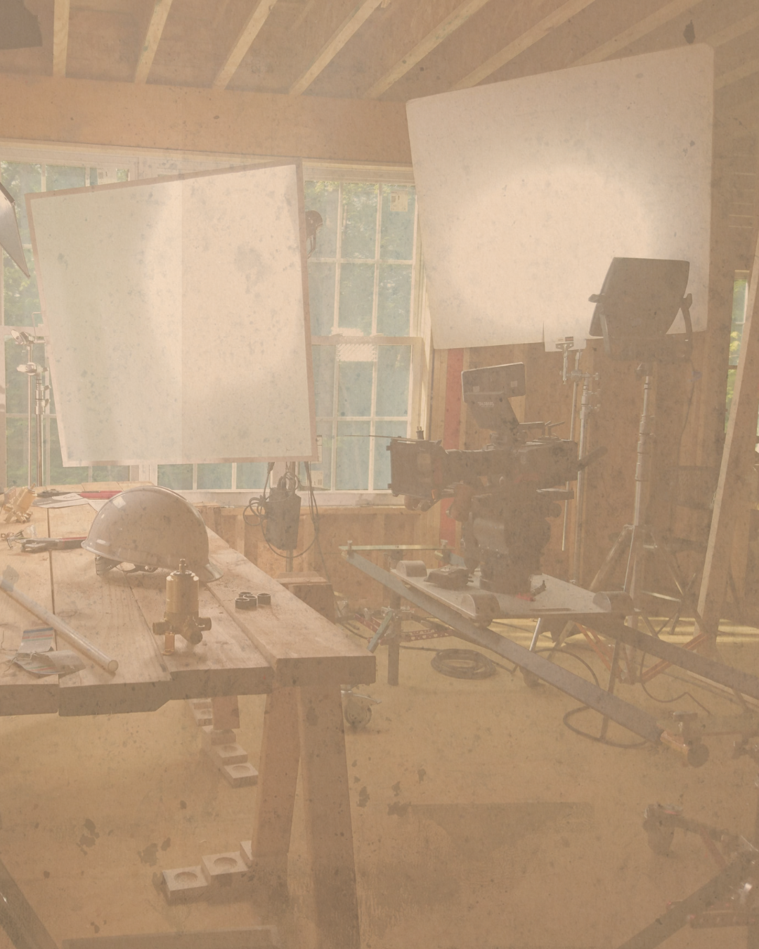 Interior of a woodworking or construction workshop with tools, saws, and large framed light diffusers or screens, and a workbench with measuring tools.