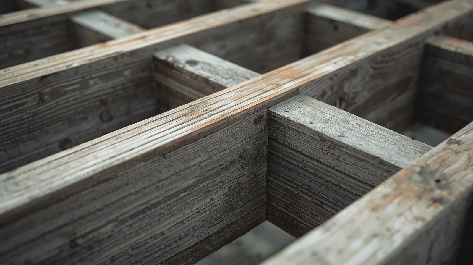 Wooden framing for construction showing interconnected beams and joists.