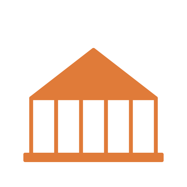 Simplified illustration of a custom home icon with a triangular roof and multiple columns.