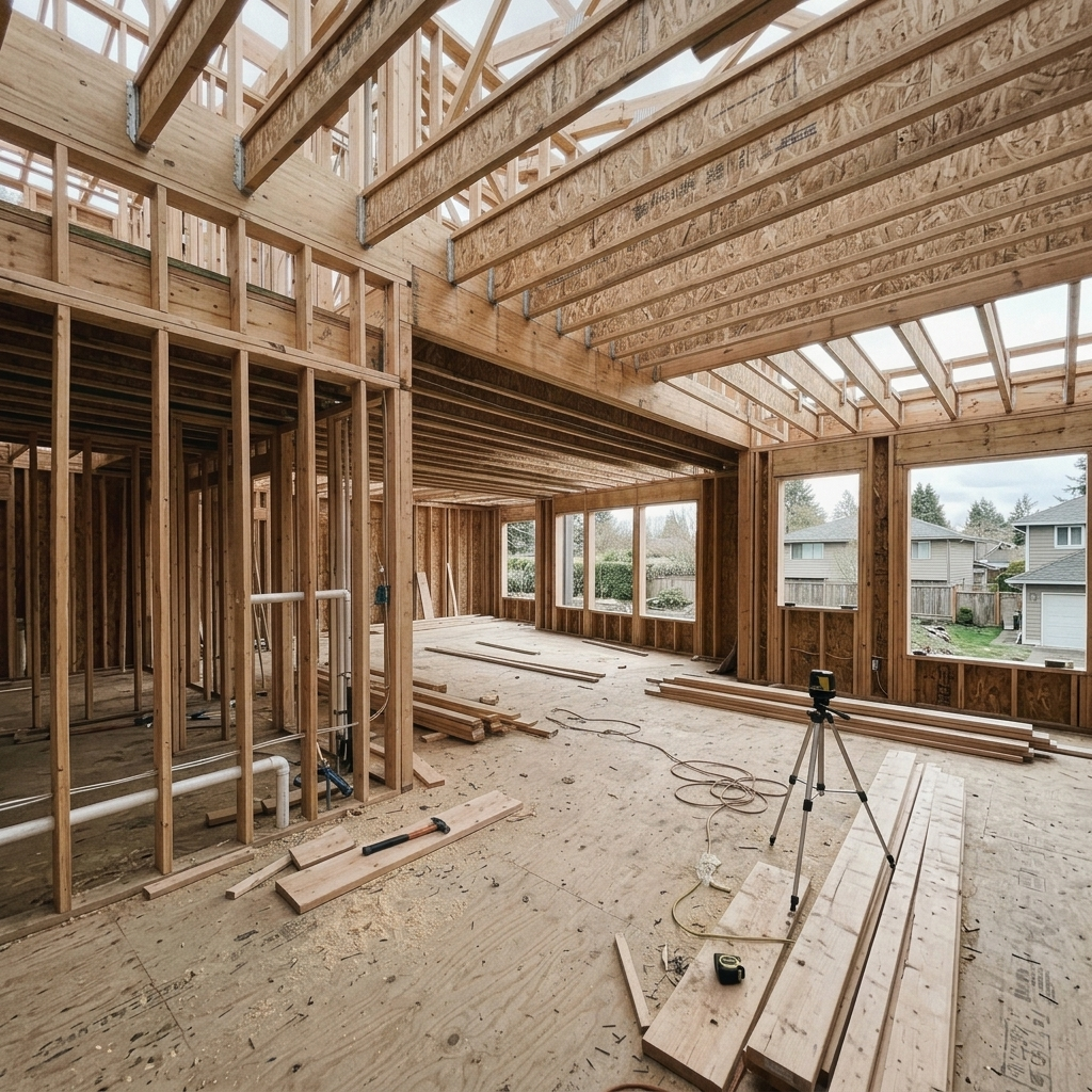 The interior of a house under construction with exposed wooden framing, beams, and large windows.