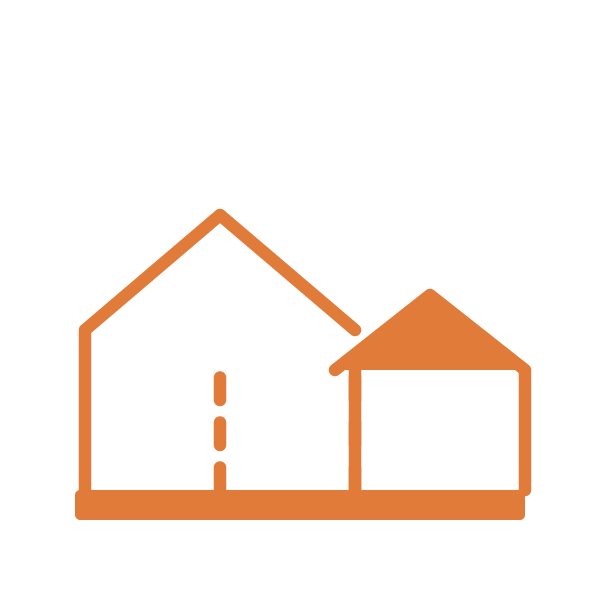 Outline illustration of two houses side by side, one larger with a pitched roof and a door, the other smaller with a simpler roof.
