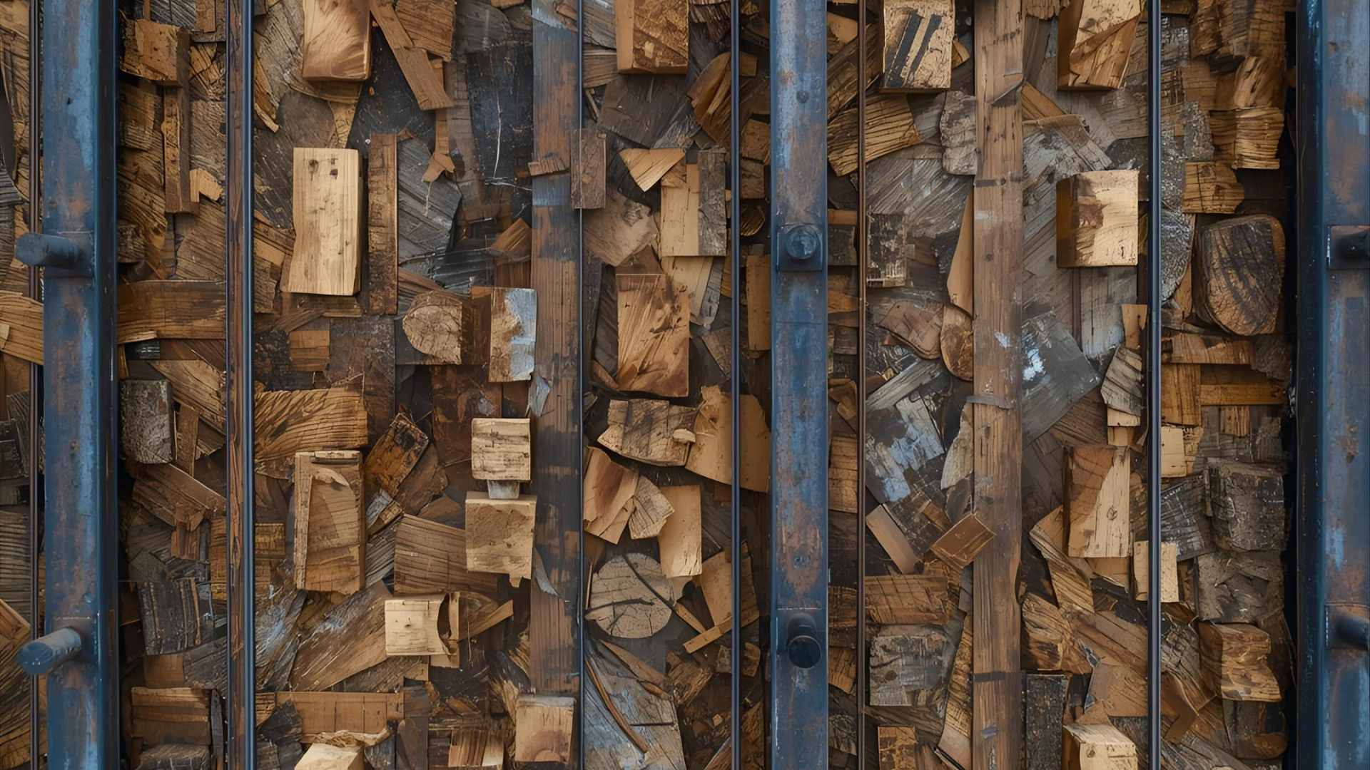 Stack of chopped firewood viewed through metal bars.