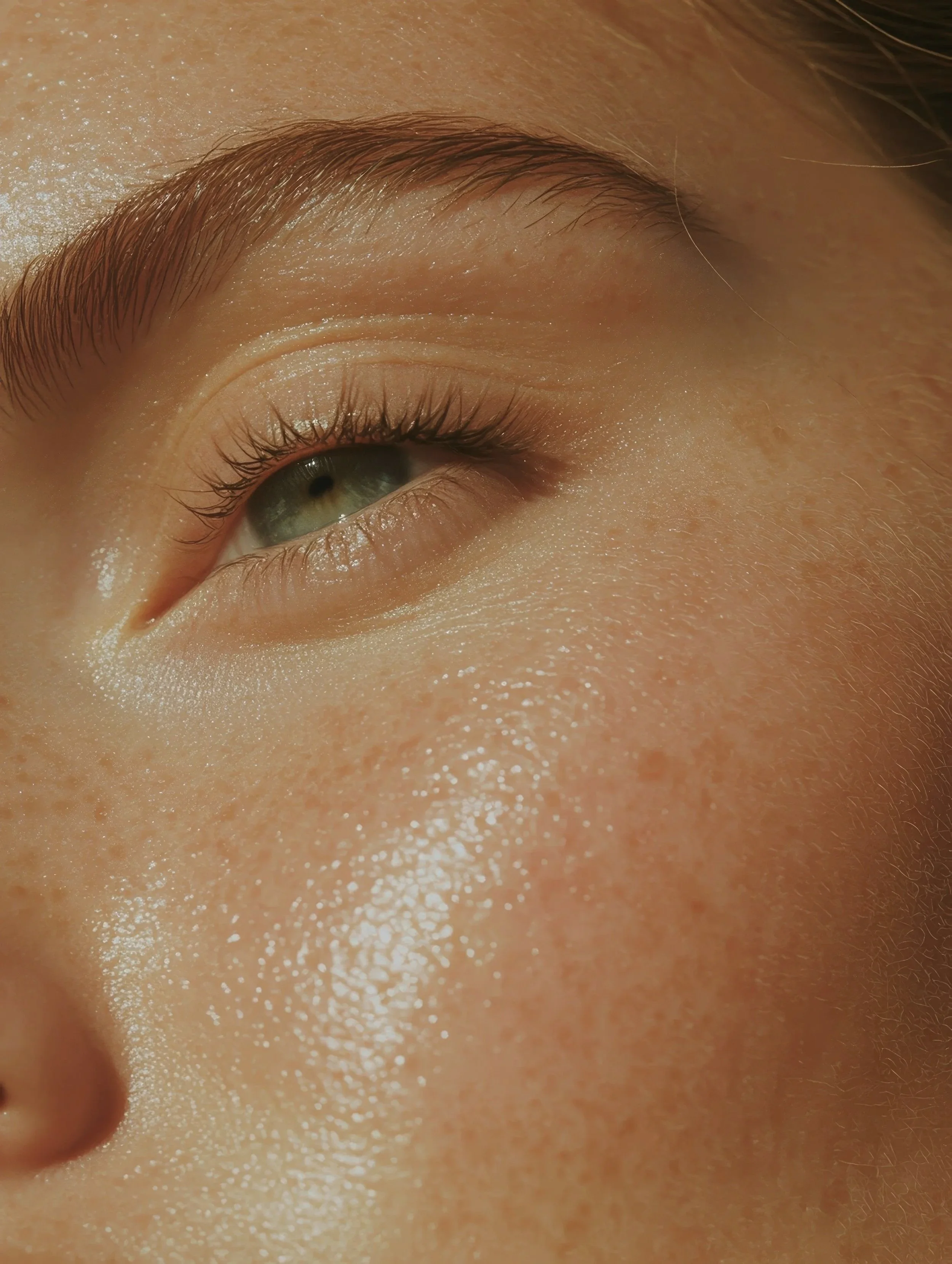 Close-up of a person's eye, showing long lashes, the surrounding skin, and light freckles.