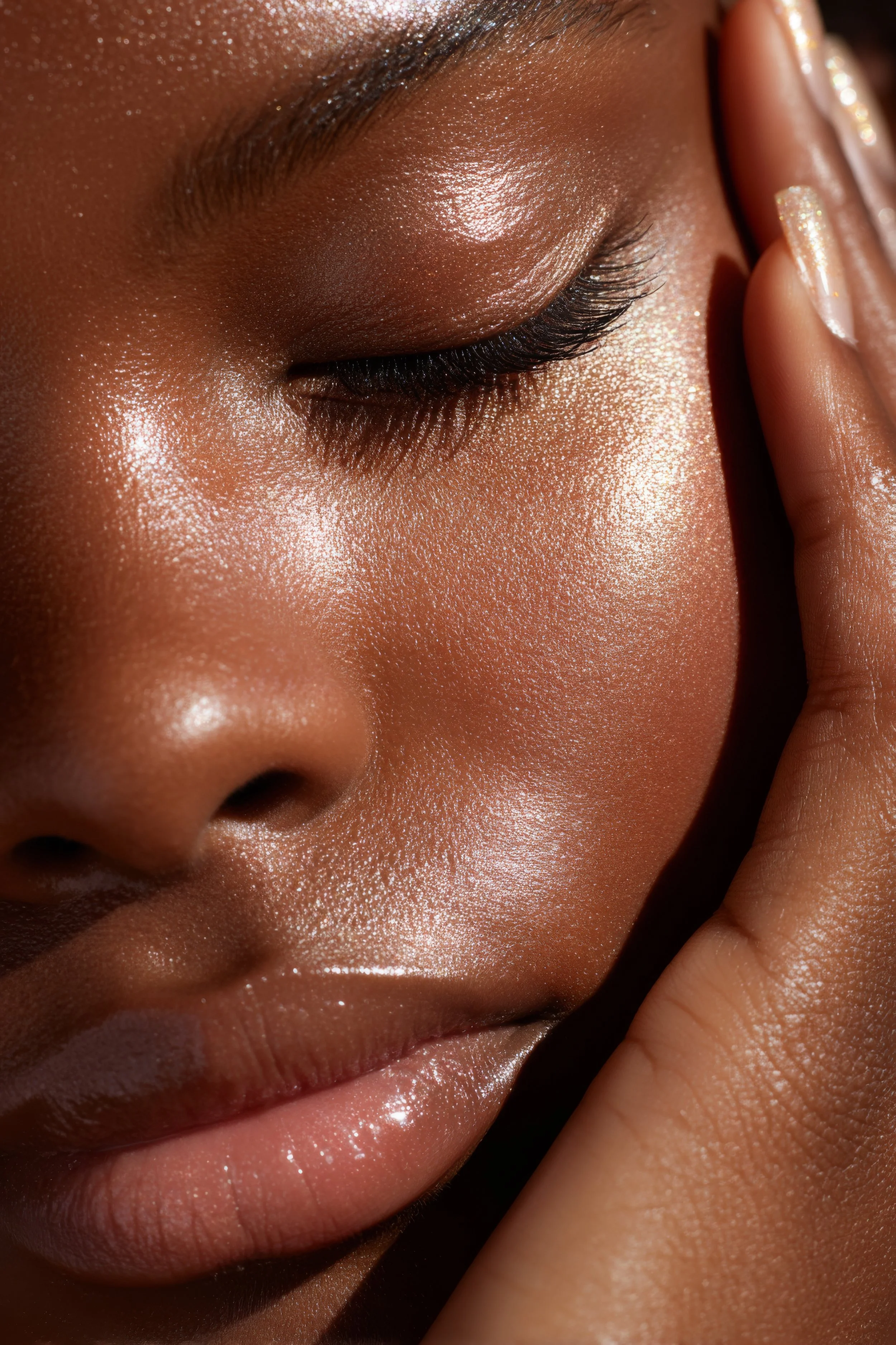 Close-up of a person's face emphasizing smooth, glowing skin, closed eye with long eyelashes, and finger resting against cheek.