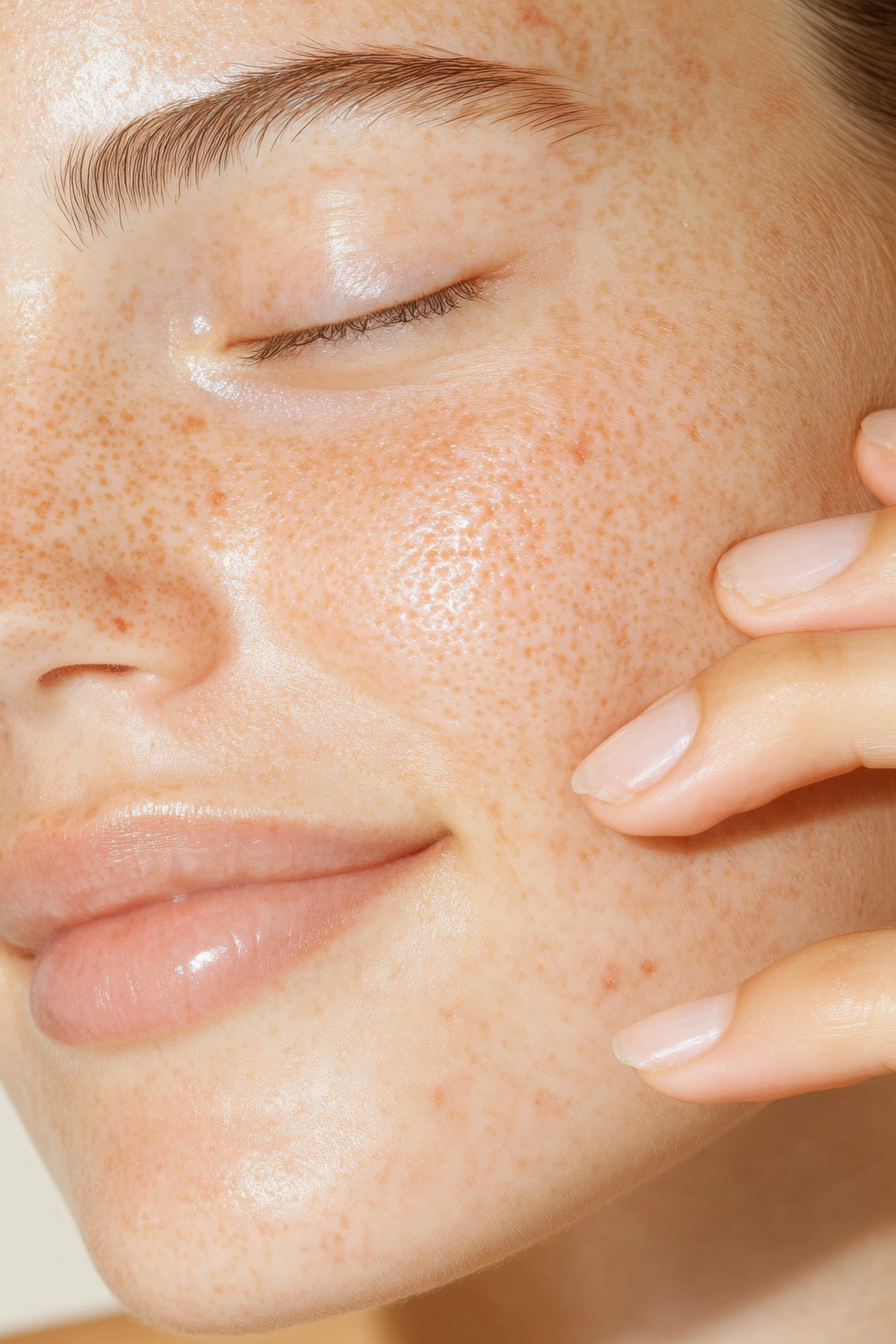 Close-up of a woman's face with visible freckles, closed eyes, and gentle expression.