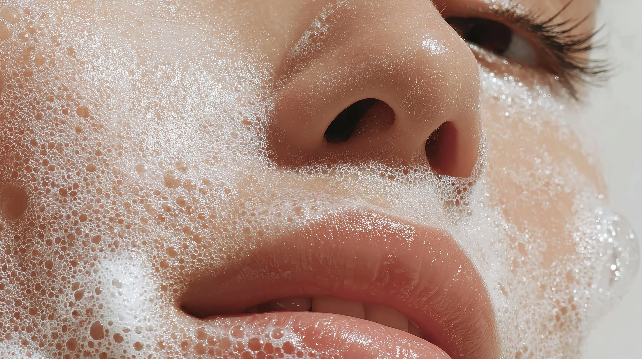Close-up of a person's face with soap bubbles covering the skin, focusing on the nose and lips.