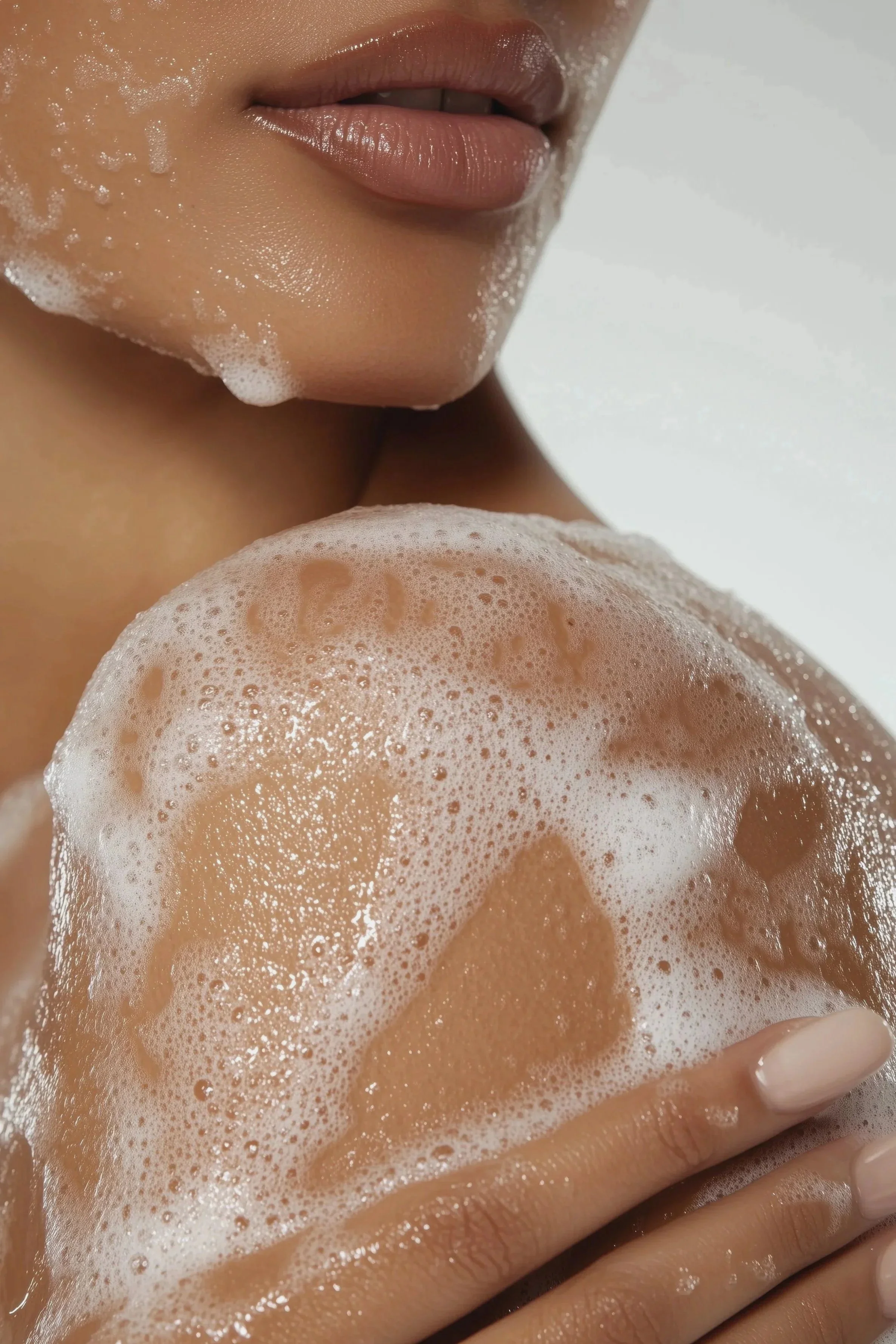 Close-up of a person washing their shoulder with soap and water, with soap suds visible on their skin and lips.