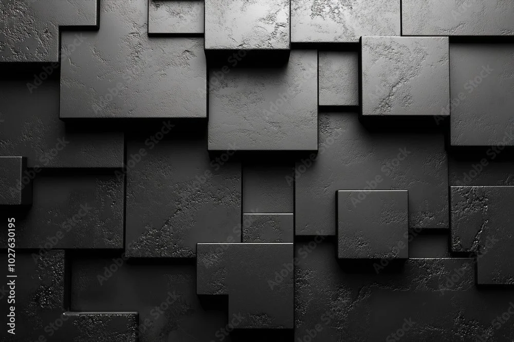 Black 3D textured squares arranged randomly on a wall.