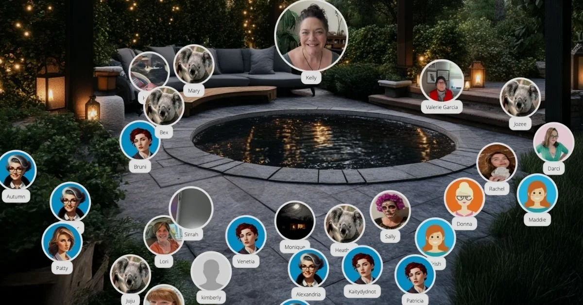A screenshot of Kelly's community circle, many participant avatars around a reflection pond