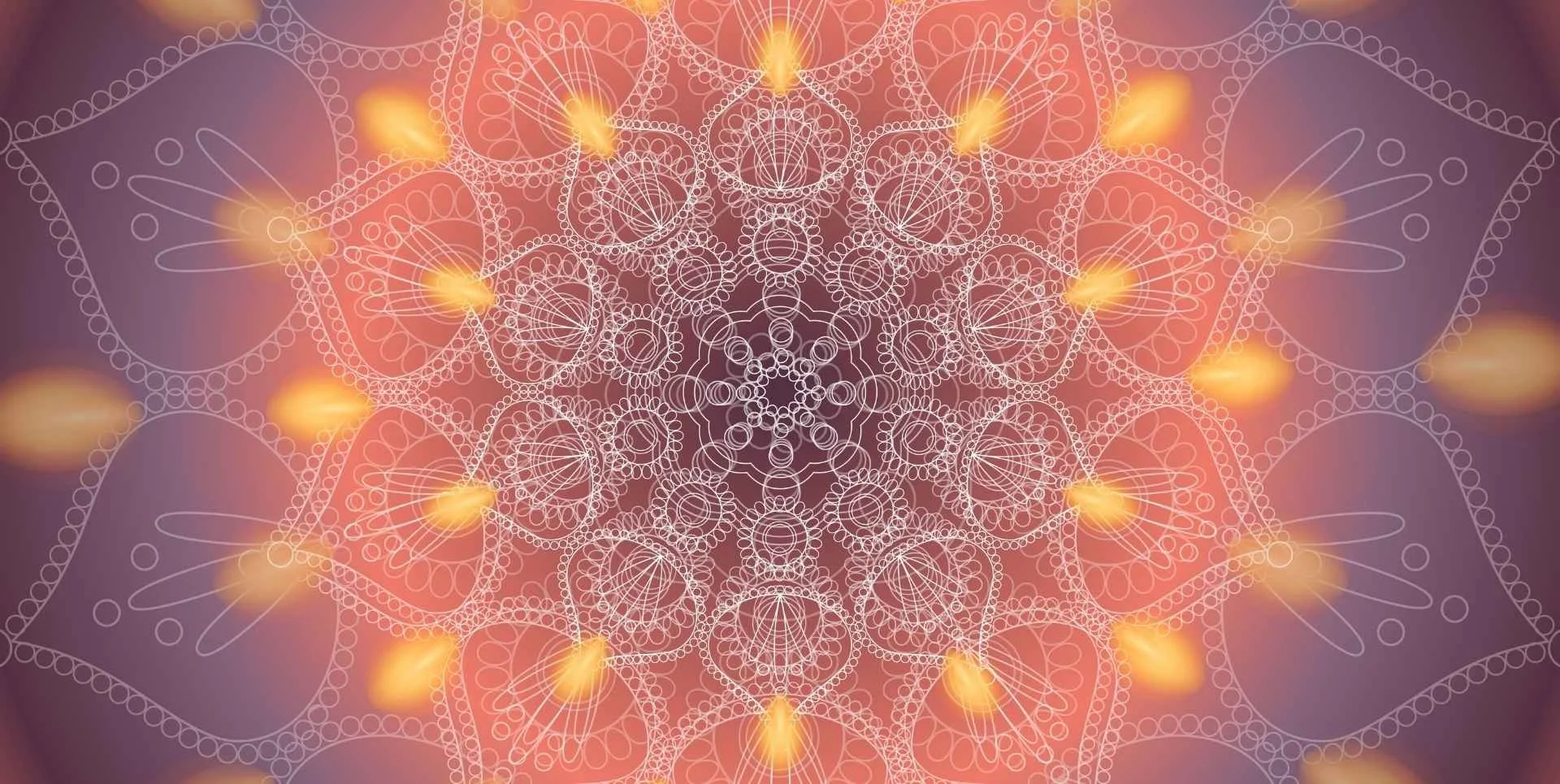 white mandala with yellow accents on a faded purple background