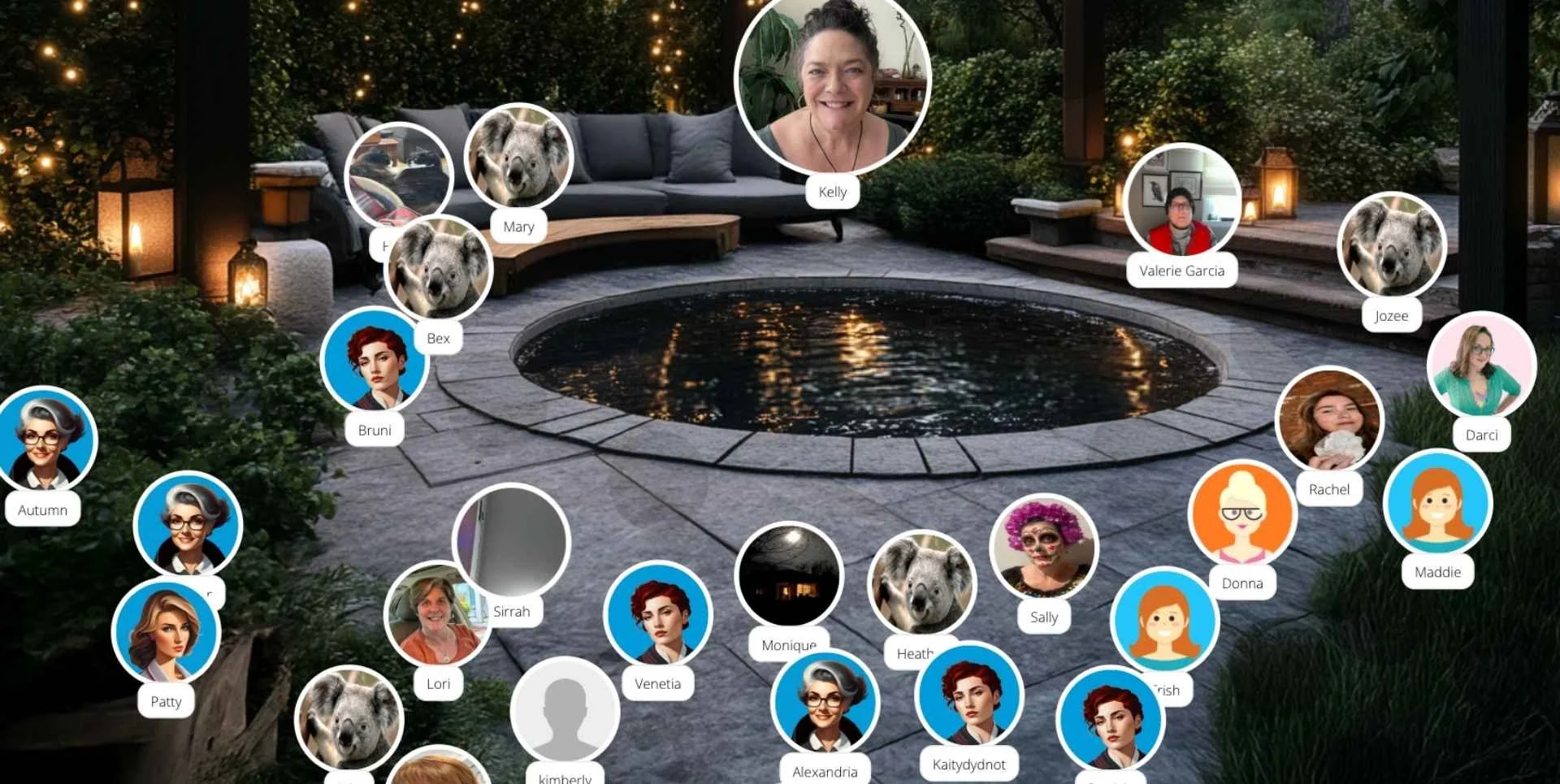 screenshot of the community circle held by The Boho Witchery featuring 25 avatar images around a virtual reflection pond.