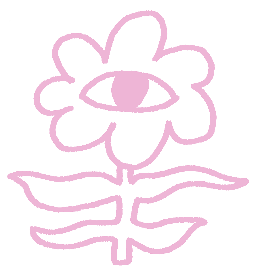 Pink outline drawing of a flower with one large bloom, a bud, and two leaves on a black background.