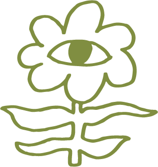 A simple line drawing of a flower with an eye in the center of its petals, and leaves extending from the stem.
