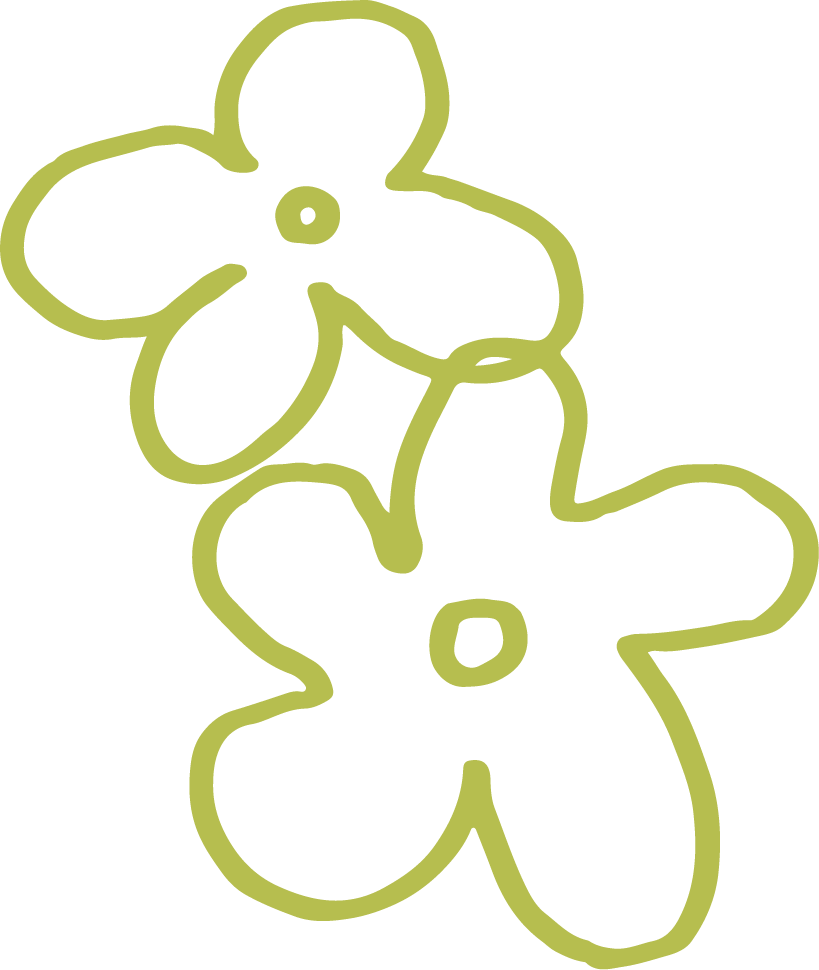 Outline drawing of two gingerbread cookies shaped like teddy bears with a flower on each ear, cooled and decorated with icing.