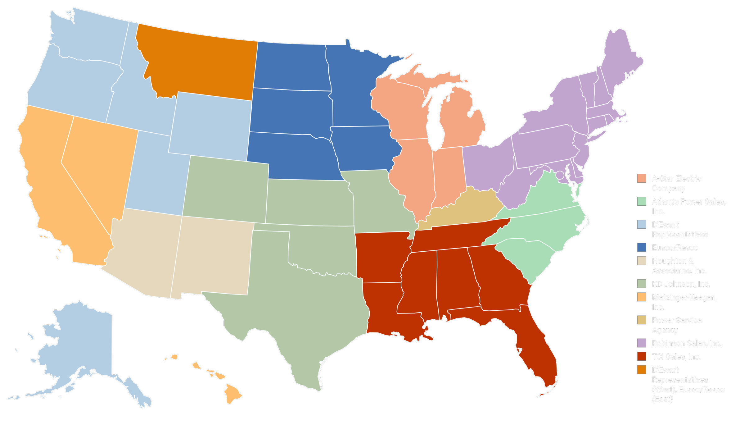United States map showing different regions colored to represent various electricity companies. Legend indicates color coding for companies including A-Star Electric Company, Atlantic Power Sales, Inc., D'Ewart Representatives, Eusco/Resco, Houghton & Associates, Inc., KD Johnson, Inc., Matzinger-Keegan, Inc., Power Service Agency, Robinson Sales, Inc., and TCI Sales, Inc., with specific regional divisions.
