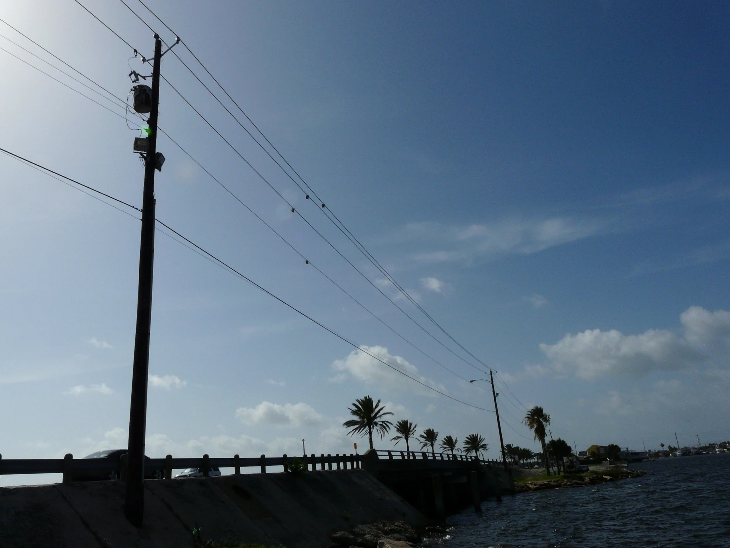 A waterfront scene with palm trees, a bridge or railing along the water, power lines on a utility pole, a few cars visible, and a partly cloudy sky.