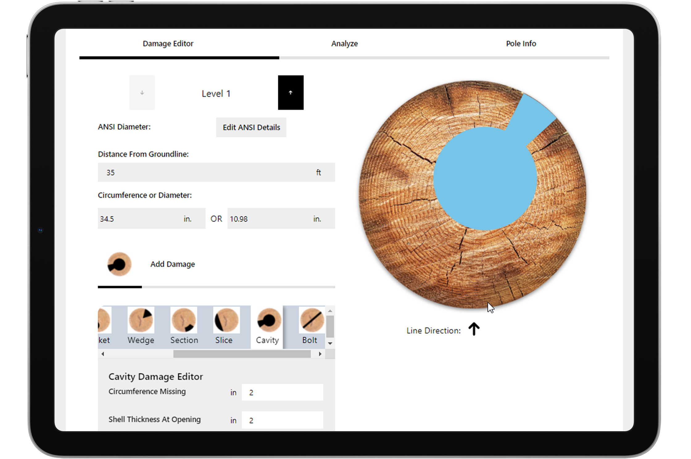 A digital interface on a tablet screen displaying a damage analysis app with options to analyze wood damage, including a large circular image of a wood cross-section with cracks highlighted in blue, and various damage editing tools.