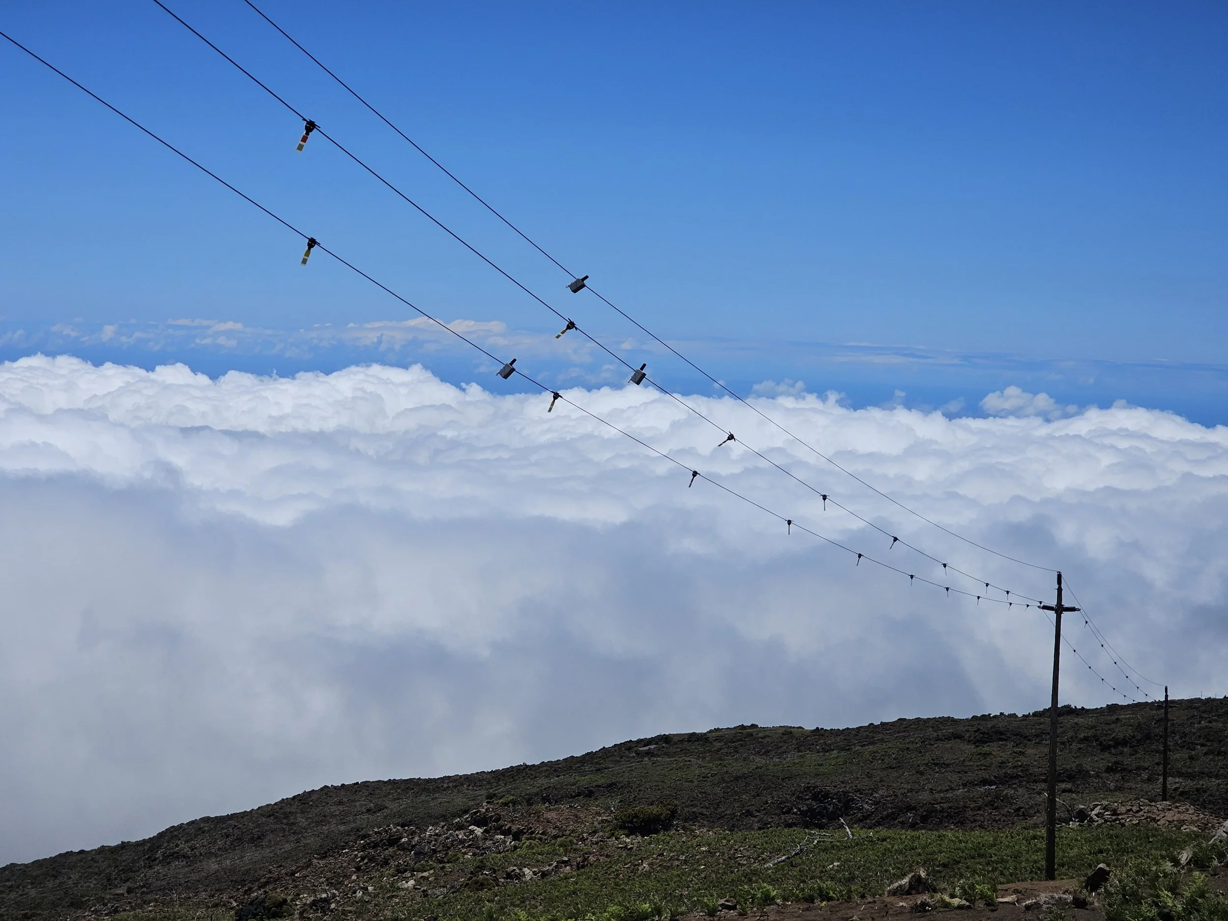 Telephone poles and wires on a mountain ridge with clouds below and blue sky above.