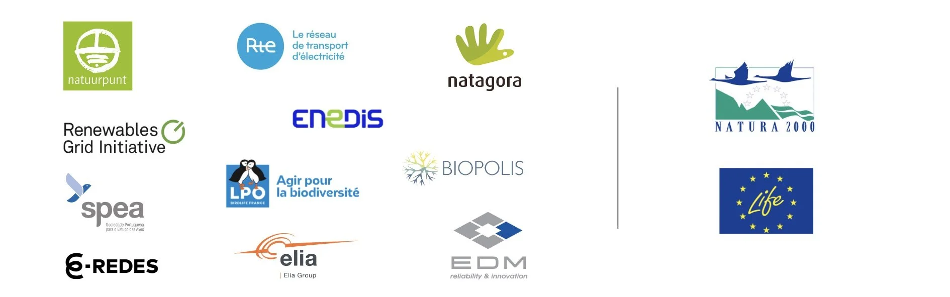 Logos of various organizations related to environmental and biodiversity initiatives, including Natuurpunt, RTE, Natagora, Natura 2000, ENEDIS, Biopolis, LPO, SPEA, E-Redes, Elia Group, EDM, and the European Union Life program.