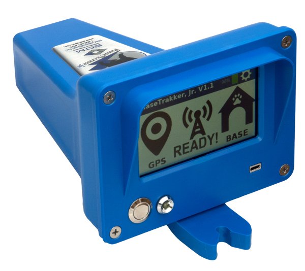 Blue GPS device with a screen displaying GPS, READY!, and BASE icons, mounted on a wall or surface.